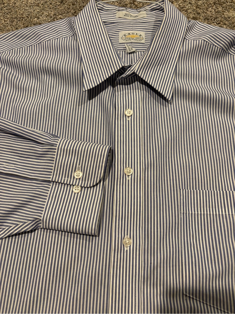 Eagle Men’s Big Dress Shirt Blue & White Striped Non-Iron 18-34/35 100% Cotton